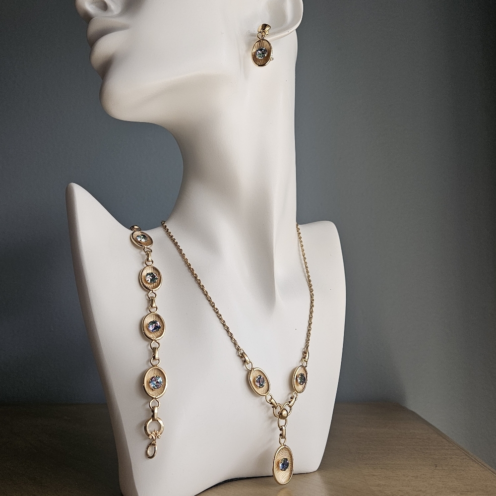 AMCO 12K Gold Filled Rainbow Glass Rhinestone Vintage Necklace Earrings Bracelet